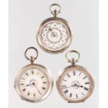 THREE ENGRAVED SILVER FOB WATCHES.