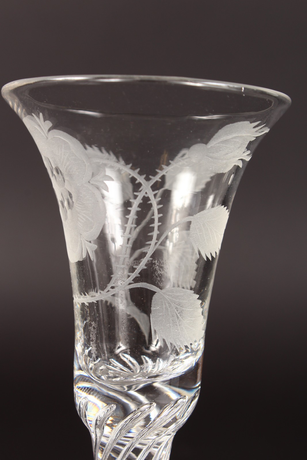 A JACOBITE WINE GLASS, the bowl engraved with six petal rose, with air twist stem. 6ins high. - Image 5 of 5