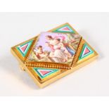 A SUPERB QUALITY SWISS GOLD AND ENAMEL BROOCH with classical figure.