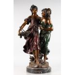 AUGUSTE MOREAU A GOOD LARGE BRONZE GROUP OF TWO PRETTY YOUNG GIRLS, one carrying a basket of