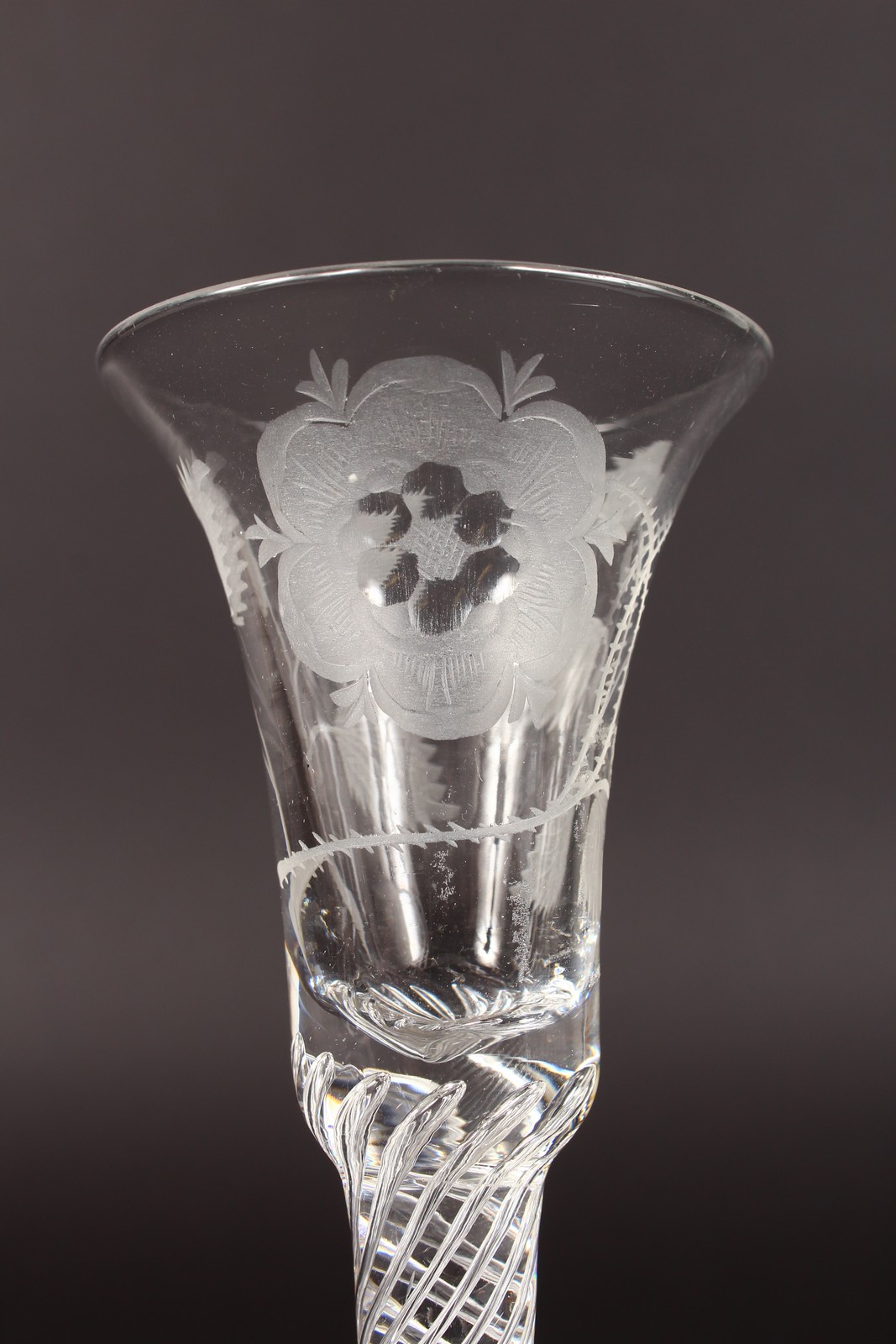 A JACOBITE WINE GLASS, the bowl engraved with six petal rose, with air twist stem. 6ins high. - Image 3 of 5