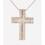 AN 18CT WHITE GOLD DIAMOND SET CROSS AND CHAIN, brilliant, princess and baguette cut diamonds.