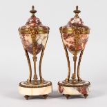 A PAIR OF LOUIS XVI DESIGN ROUGE ROYAL MARBLE CASSOLETTES with mask mounts, on circular bases. 10ins