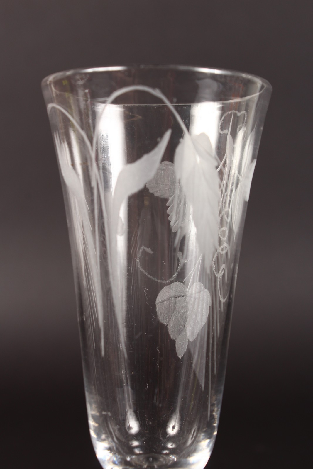 AN ALE GLASS, the bowl engraved with fruiting vines. 6.5ins high. - Image 2 of 3