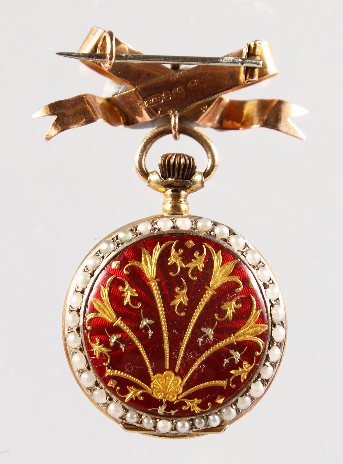 A LADIES GOLD FOB WATCH surrounded by seed pearls with gold bow brooch. - Image 2 of 5