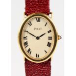 A LADIES 18CT GOLD OVAL PIAGET WRISTWATCH AND STRAP, No. 9862 142944.