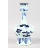 A DELFT BLUE AND WHITE PERSIAN SHAPED BOTTLE VASE with Chinoiserie decoration. 11ins high.