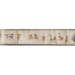 A WIDE JAPANESE EROTIC SCROLL PAINTING, portraying a variety of gymnastic, martial and other