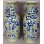 A LARGE PAIR OF GOOD QUALITY CHINESE BLUE & WHITE CELADON GROUND PORCELAIN VASES, each moulded and