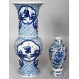 A 19TH CENTURY CHINESE BLUE & WHITE PORCELAIN YEN-YEN VASE, painted with quatrefoil panels of