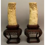 A LARGE PAIR OF FINE QUALITY SIGNED JAPANESE MEIJI PERIOD IVORY TUSK VASES, together with good