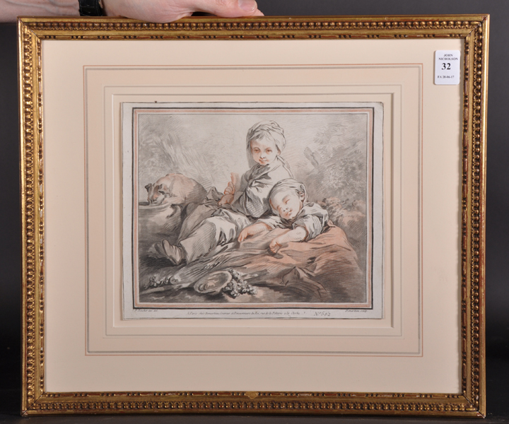 After Francois Boucher (1703-1770) French. Two Children at Rest, with a Dog, Engraved in Colour by - Image 2 of 5