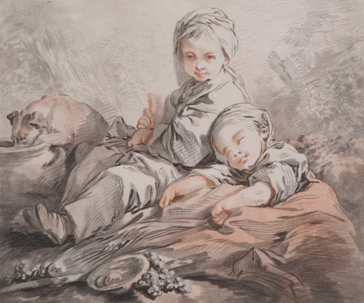 After Francois Boucher (1703-1770) French. Two Children at Rest, with a Dog, Engraved in Colour by