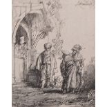 Rembrandt van Rijn (1606-1669) Dutch. Three Oriental Figures; Jacob and Laban, a Reverse Etching