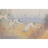 Allen William Seaby (1867-1953) British. "Swans", Lithograph, Signed in Pencil, 8.25" x 13".