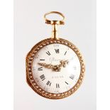 A SUPERB 18th CENTURY FRENCH GOLD VERGE WATCH by GLAESNER A LYON with white enamel dial, black Roman