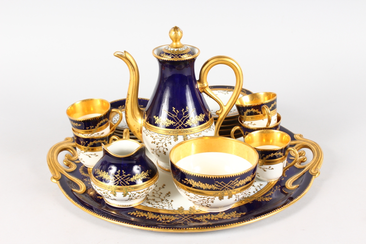 AN AUSTRIAN PORCELAIN TEA SET, on a tray with jug, tea or coffee pot, sugar bowl, five cups and - Image 9 of 9