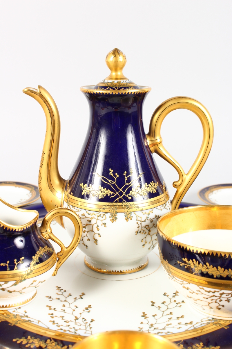 AN AUSTRIAN PORCELAIN TEA SET, on a tray with jug, tea or coffee pot, sugar bowl, five cups and - Image 3 of 9