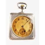 AN ART NOUVEAU SQUARE SILVER OMEGA POCKET WATCH, the outer case with a classical young lady by A.