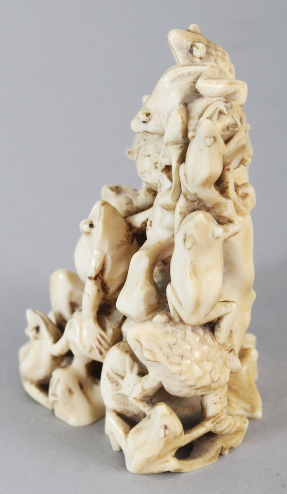 A GOOD SIGNED JAPANESE MEIJI PERIOD IVORY OKIMONO OF A LARGE GROUP OF TOADS, clambering over each - Image 4 of 9