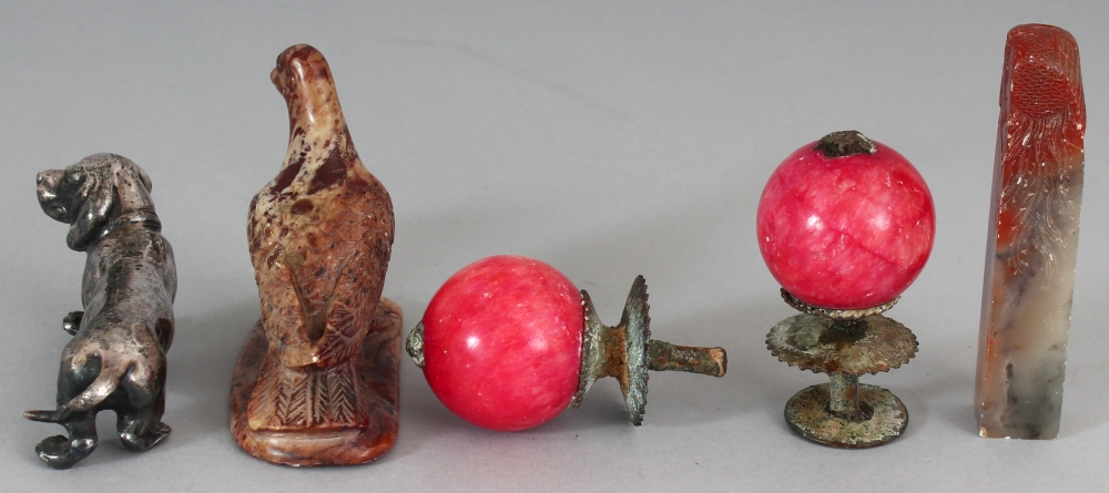 TWO CHINESE HAT BUTTONS, the tallest 2.3in high; together with a silvered metal model of a dog, 2. - Image 2 of 9