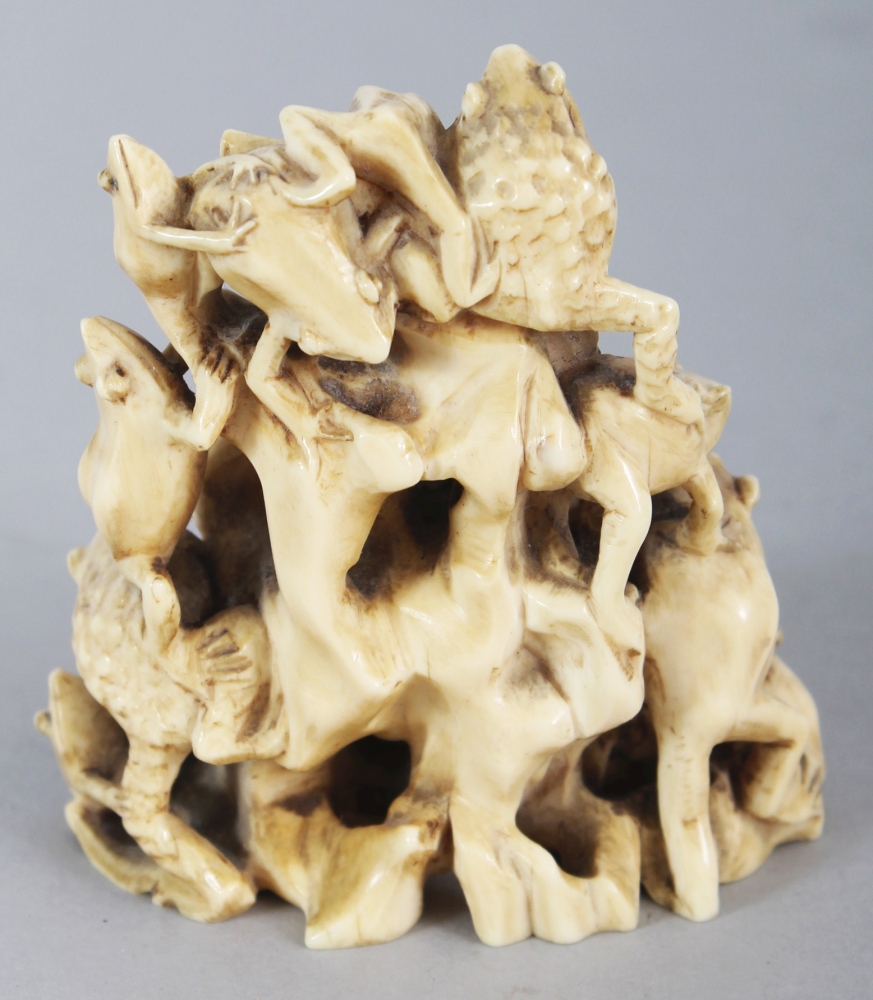 A GOOD SIGNED JAPANESE MEIJI PERIOD IVORY OKIMONO OF A LARGE GROUP OF TOADS, clambering over each - Image 3 of 9