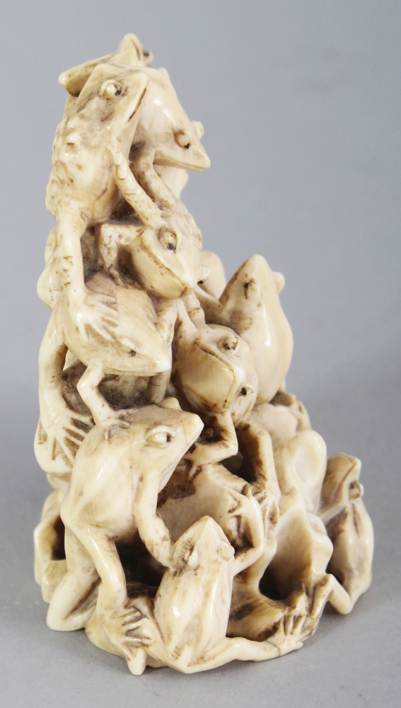 A GOOD SIGNED JAPANESE MEIJI PERIOD IVORY OKIMONO OF A LARGE GROUP OF TOADS, clambering over each - Image 2 of 9