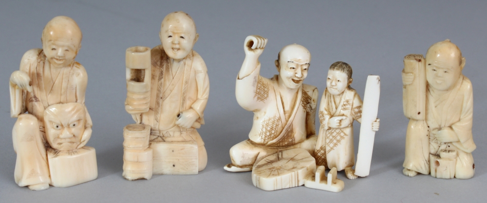 A GROUP OF FOUR EARLY 20TH CENTURY JAPANESE IVORY OKIMONO, the tallest 2.7in high. (4)