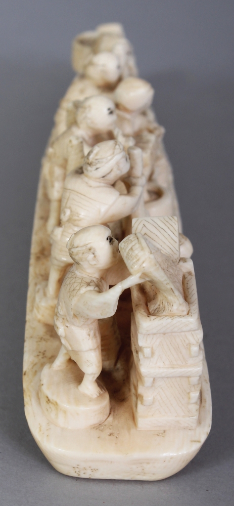 AN UNUSUAL SIGNED JAPANESE MEIJI PERIOD IVORY TUSK CARVING, in the form of a group of villagers at - Image 2 of 10