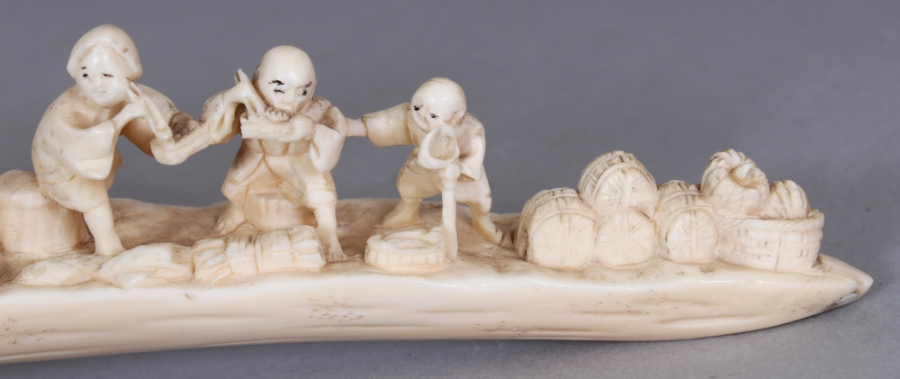 AN UNUSUAL SIGNED JAPANESE MEIJI PERIOD IVORY TUSK CARVING, in the form of a group of villagers at - Image 7 of 10