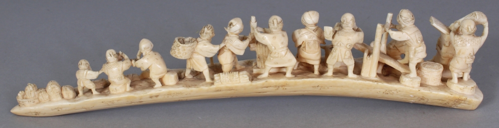 AN UNUSUAL SIGNED JAPANESE MEIJI PERIOD IVORY TUSK CARVING, in the form of a group of villagers at - Image 3 of 10