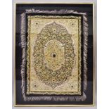 A LARGE FRAMED INDIAN EMBROIDERED AND HARDSTONE ONSET RECTANGULAR JEWEL CARPET PANEL, worked