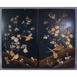 A GOOD PAIR OF JAPANESE MEIJI PERIOD ONLAID LACQUERED WOOD RECTANGULAR PANELS, each onlaid in ivory,