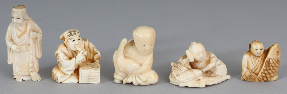 A GROUP OF EARLY 20TH CENTURY JAPANESE IVORY & MARINE IVORY NETSUKE & OKIMONO, four signed, the