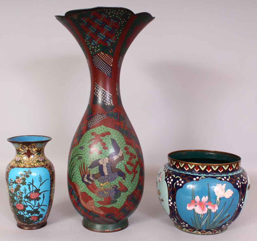 A LARGE JAPANESE MEIJI PERIOD CLOISONNE VASE, decorated with two barbed quatrefoil panels of