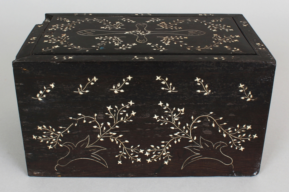 AN EASTERN BONE INLAID HEAVY HARDWOOD RECTANGULAR BOX, with sliding cover, decorated with meandering - Image 4 of 7