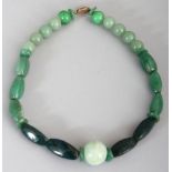 A GREEN HARDSTONE NECKLACE, composed of spherical and shaped oblong beads, approx. 33in long.