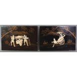 A SMALL PAIR OF JAPANESE MEIJI PERIOD ONLAID LACQUERED WOOD PANELS, onlaid mainly in bone ivory with