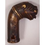 A MUGHAL BRONZE TIGER HEAD CANE HANDLE, possibly early, 2.75in high.