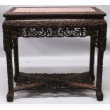 A FINE QUALITY 19TH CENTURY CHINESE MARBLE TOP CARVED HARDWOOD RECTANGULAR TABLE, with vine and