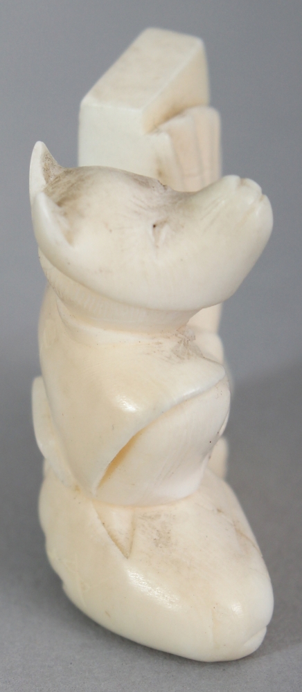 AN EARLY 20TH CENTURY JAPANESE IVORY NETSUKE OF A SEATED FOX, unsigned, the fox holding a fan, 1. - Image 2 of 6