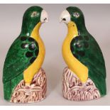 A PAIR OF 19TH CENTURY CHINESE FAMILLE VERTE PORCELAIN PARROTS, each seated on aubergine rockwork,