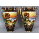 A PAIR OF EARLY 20TH CENTURY JAPANESE NORITAKE PORCELAIN VASES, each painted with a European style