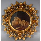 AN UNUSUAL EARLY 20TH CENTURY GILT FRAMED JAPANESE STYLE CIRCULAR PICTURE, depicting sleeping sages,