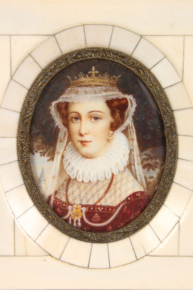 AN OVAL PORTRAIT MINIATURE OF A YOUNG LADY. wearing a crown and lace ruffle. 7cms x 6cms, in a - Image 2 of 2