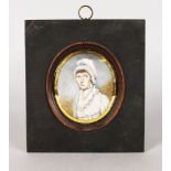A 19TH CENTURY OVAL PORTRAIT MINIATURE OF A LADY wearing a large bonnet and floral dress. 6.5cms x