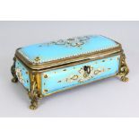 A GOOD 19TH CENTURY FRENCH ENAMEL AND BRASS JEWELLERY CASKET, with light blue domed enamel plaques
