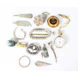 A 9CT GOLD BUCKLE, FIVE VARIOUS VICTORIAN AND LATER BROOCHES, BIJOUTERIE AND A WATCH.
