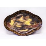 A GOOD REGENCY OVAL SHAPED PAPIER MACHE TRAY decorated in the Chinese manner. 2ft 7ins long.