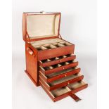 A GOOD LEATHER DOMED TOP JEWELLERY CASE with folding top and five drawers. 13ins long, 14ins high.